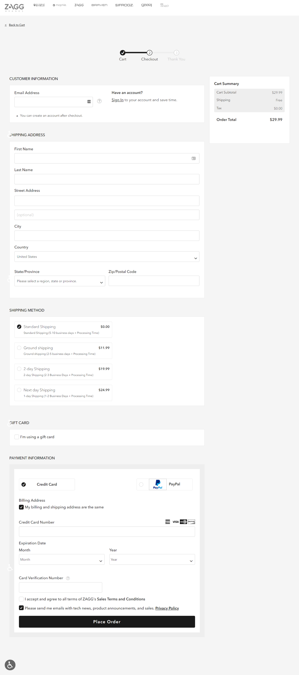 Zagg.com checkout powered by OneStepCheckout for Magento 2