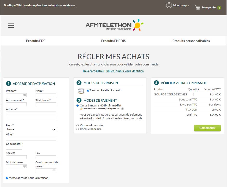 OneStepCheckout powering AFM Téléthon Magento store's checkout