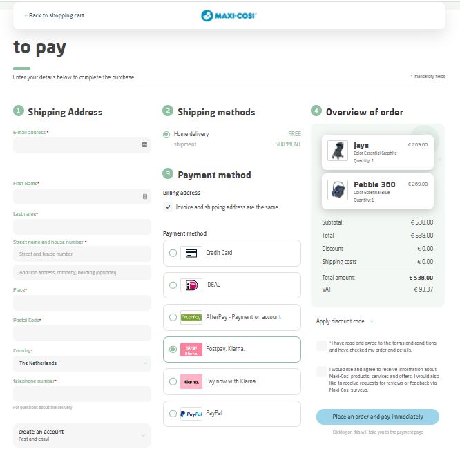 Maxi Cosi Magento 2 store One Page Checkout Netherlands Afterpay NL Klarna